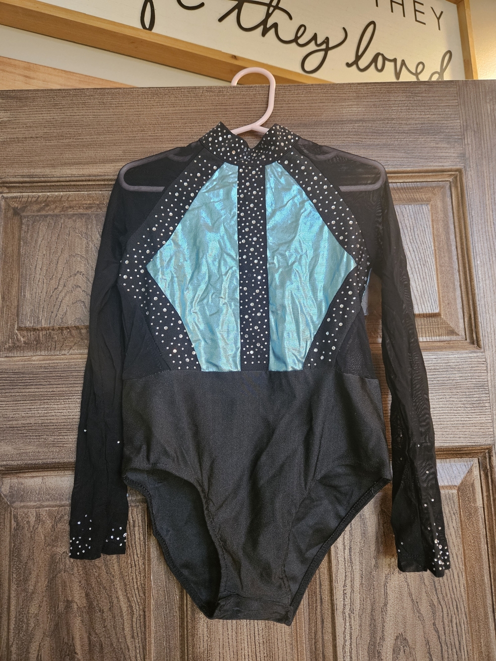 Black and Teal Long-Sleeve Girls' Dance Leotard with Rhinestones